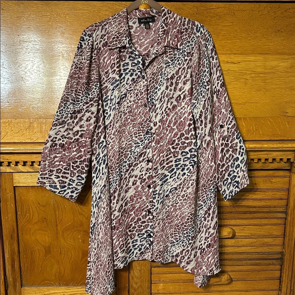Street Style Abstract Animal Print Button Down Roll Tab Tunic Top Baggy Beach